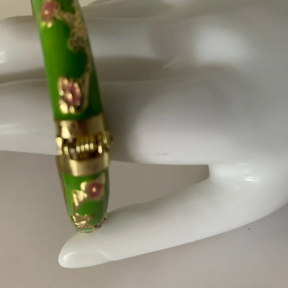 Green Etched Gold 14 Dainty Flowers  Stems Leaves Pink Wrist Bangle Bracelet - Picture 3 of 3